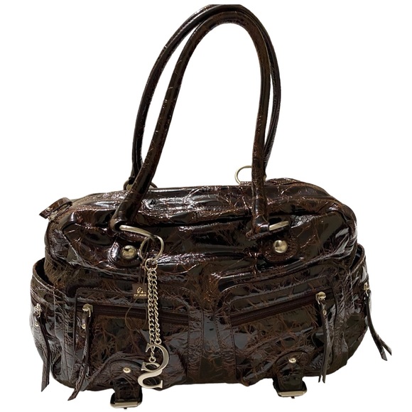 Chenson Brown Leather Patent Faux Croc Pattern Double Zipper Handbag - Picture 16 of 16